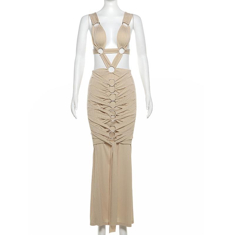 O ring textured hollow out self tie ruched tank maxi dress  | red tango dress