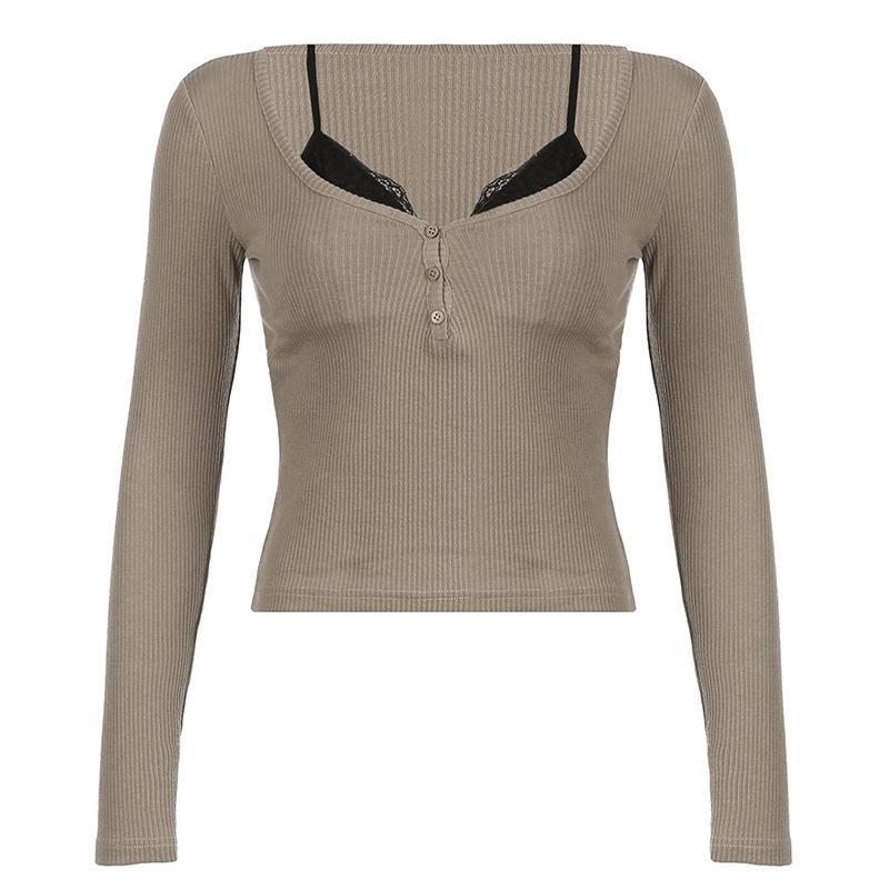 Long sleeve lace hem patchwork button top