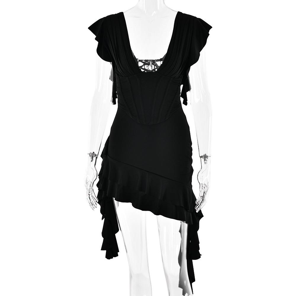 V neck ruffle irregular corset lace up mini dress  | red tango dress
