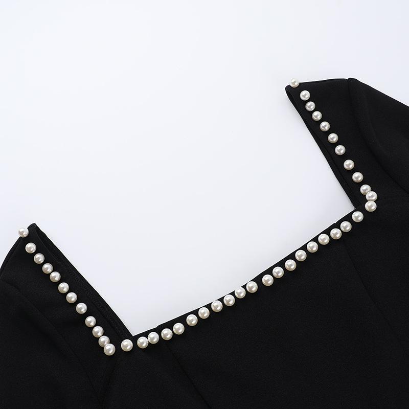 Square neck long sleeve beaded mini dress