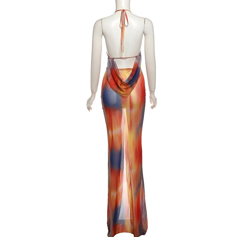 Ruched halter self tie sheer mesh print high slit maxi dress  | samba dress