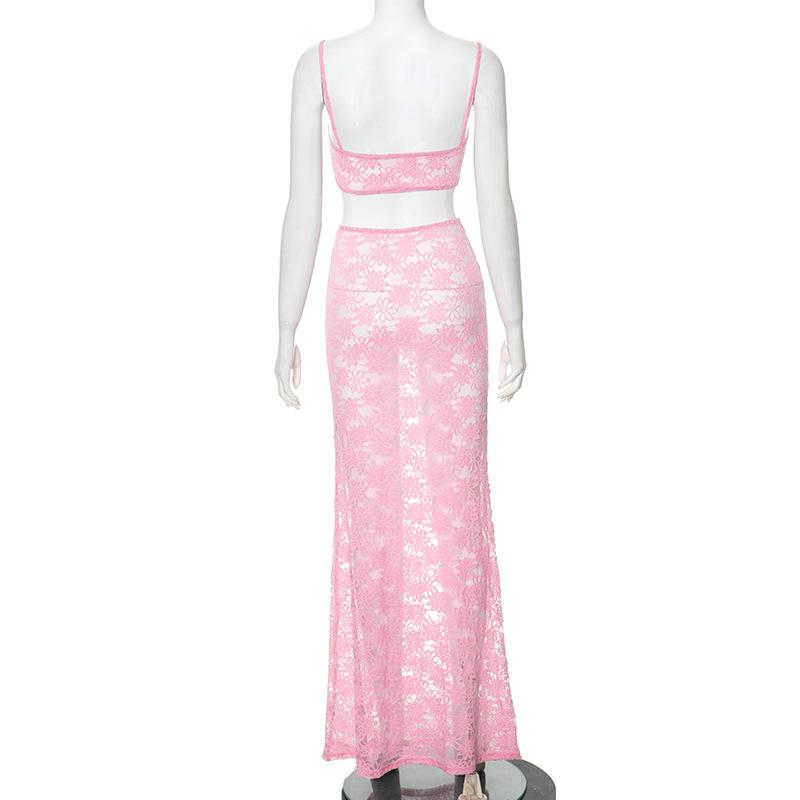 Sheer lace see through tube maxi skirt set