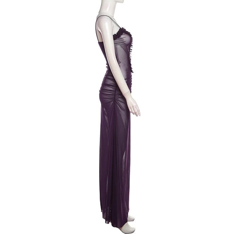 Sheer mesh hollow out ruched high slit cami cut out maxi dress  | samba dress