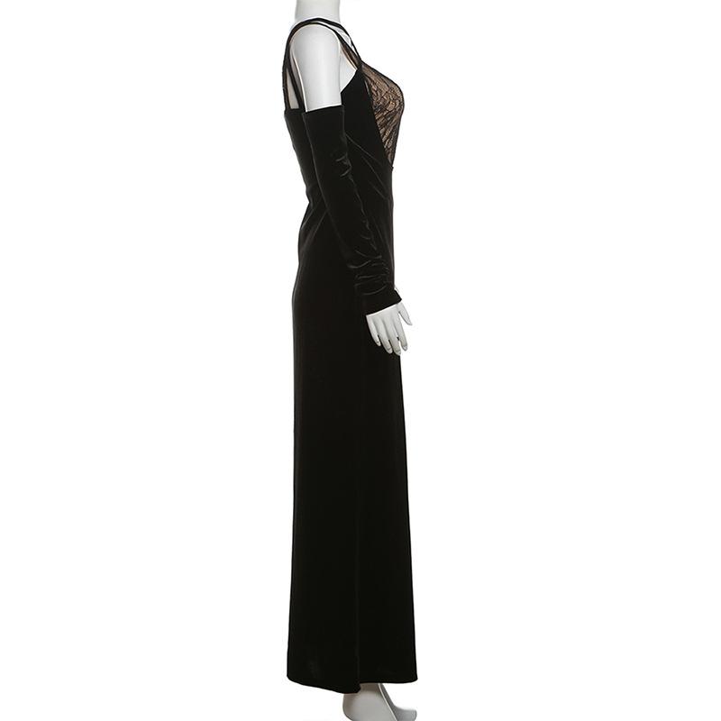 Off shoulder v neck velvet lace hem cami maxi dress
