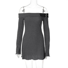 Off shoulder long sleeve buckle mini dress