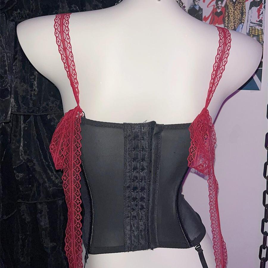 Lace hem beaded flower applique button mesh top