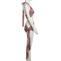Cross front halter self tie print sheer mesh mini dress  | samba dress