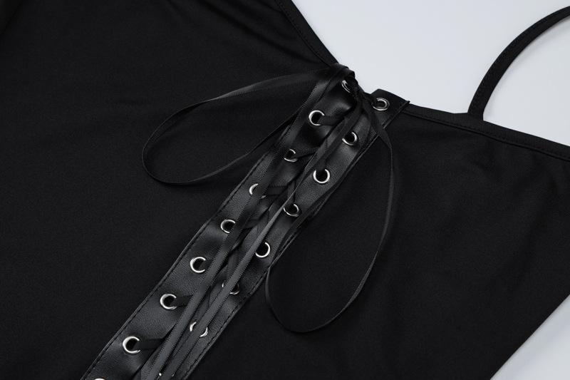 Lace up PU leather patchwork cami midi dress