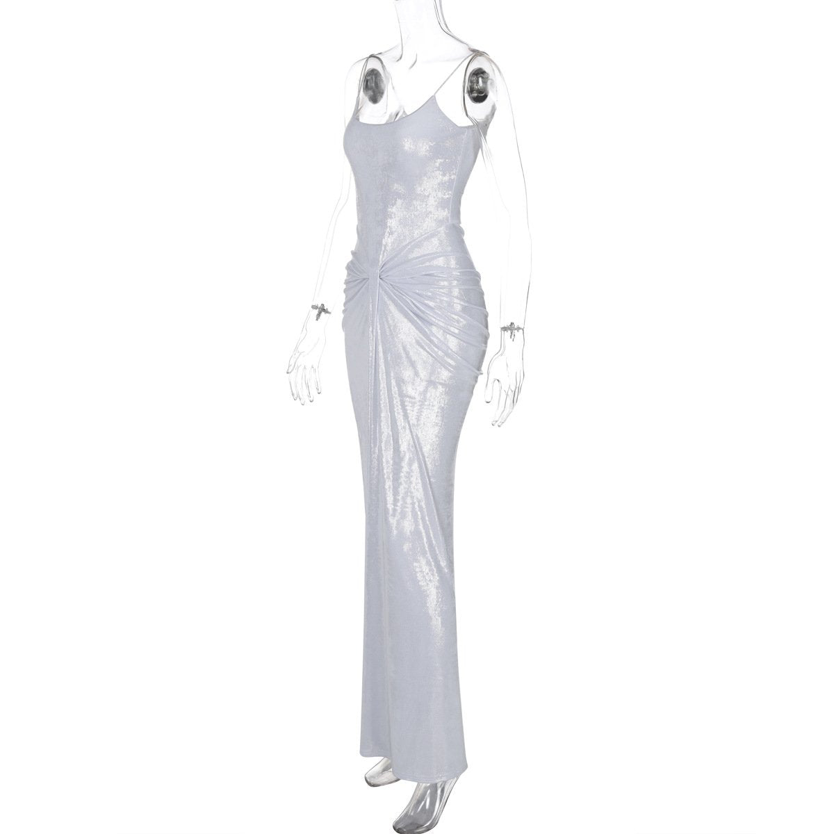 U neck metallic ruched backless cami maxi dress