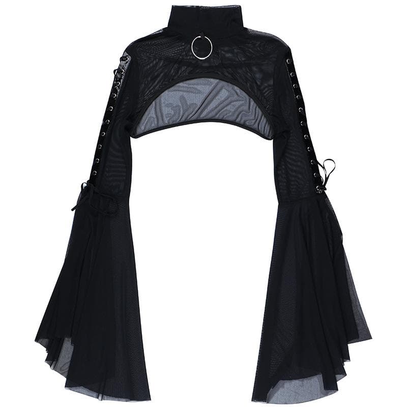 Flared sleeve o ring sheer mesh lace up shrug high neck top