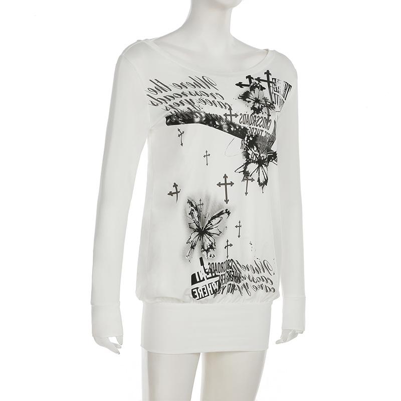 Long sleeve butterfly print backless top