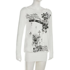Long sleeve butterfly print backless top
