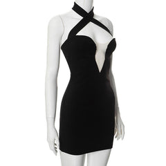 Halter cross front v neck solid backless mini dress  | black rave dress