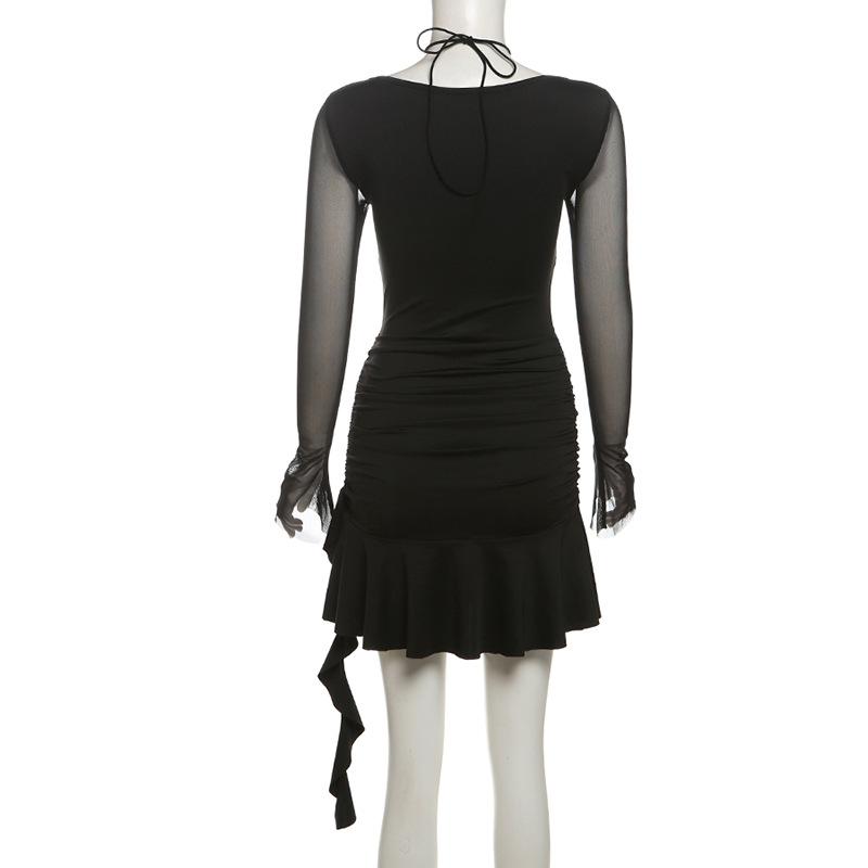 Long sleeve halter mesh ruched ruffle mini dress