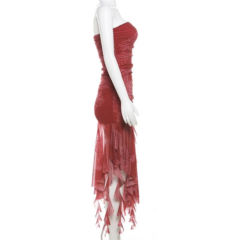 Ruched mesh loong print ruffle tube midi dress  | red tango dress