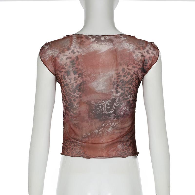 Cap sleeve ruffle sheer mesh print ruched top