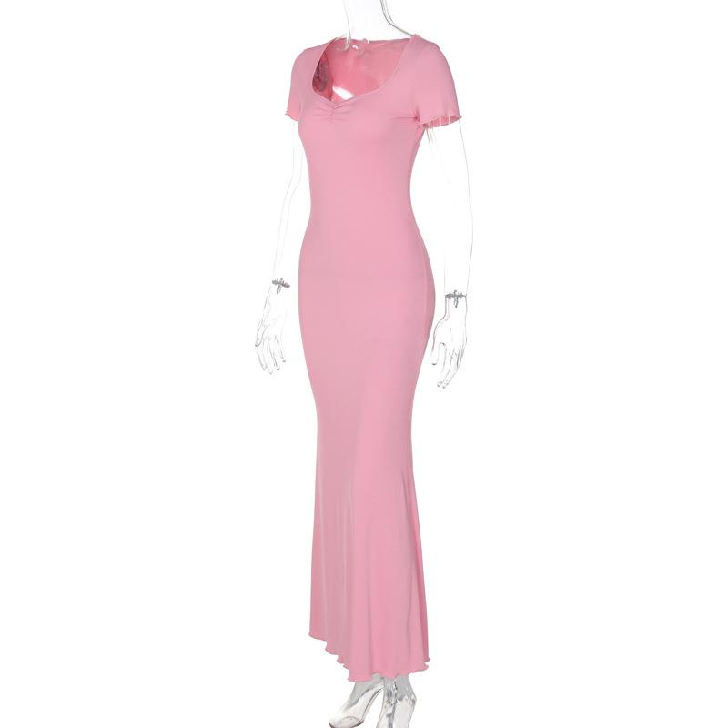 Short sleeve heart neck ruched ribbed solid maxi dress