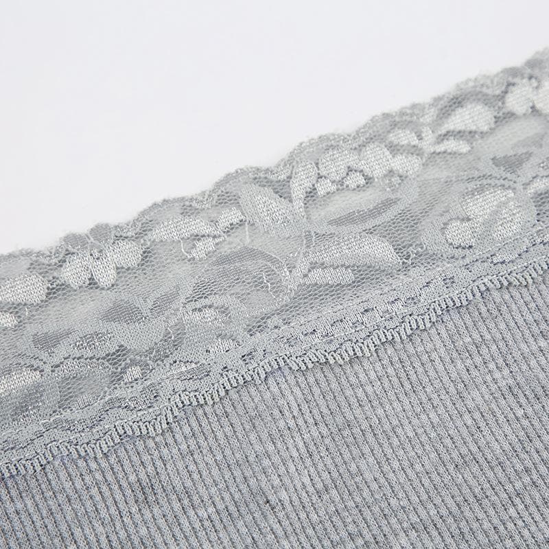 Long sleeve off shoulder ribbed heart pattern lace hem top