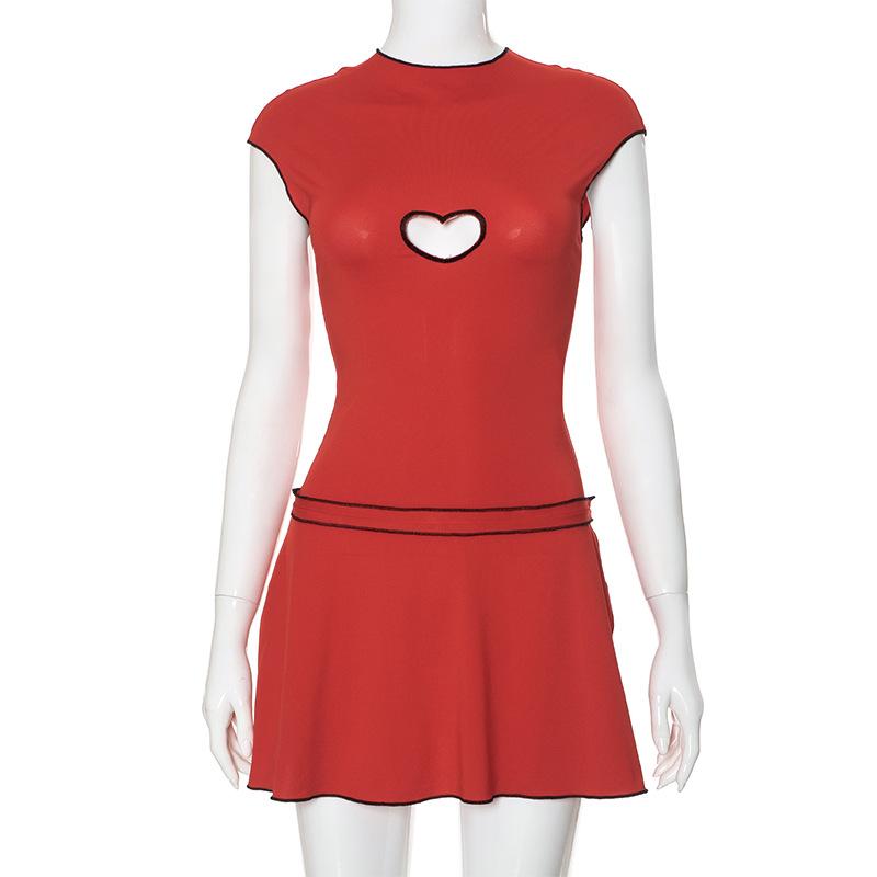 Cap sleeve heart embroidery stitch mini dress  | red tango dress