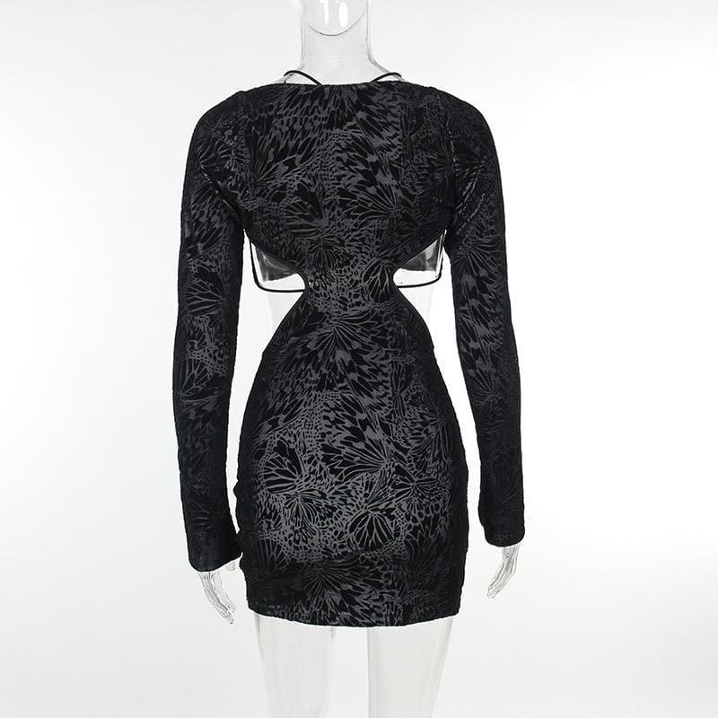 Long sleeve butterfly print o ring 2 piece mini dress