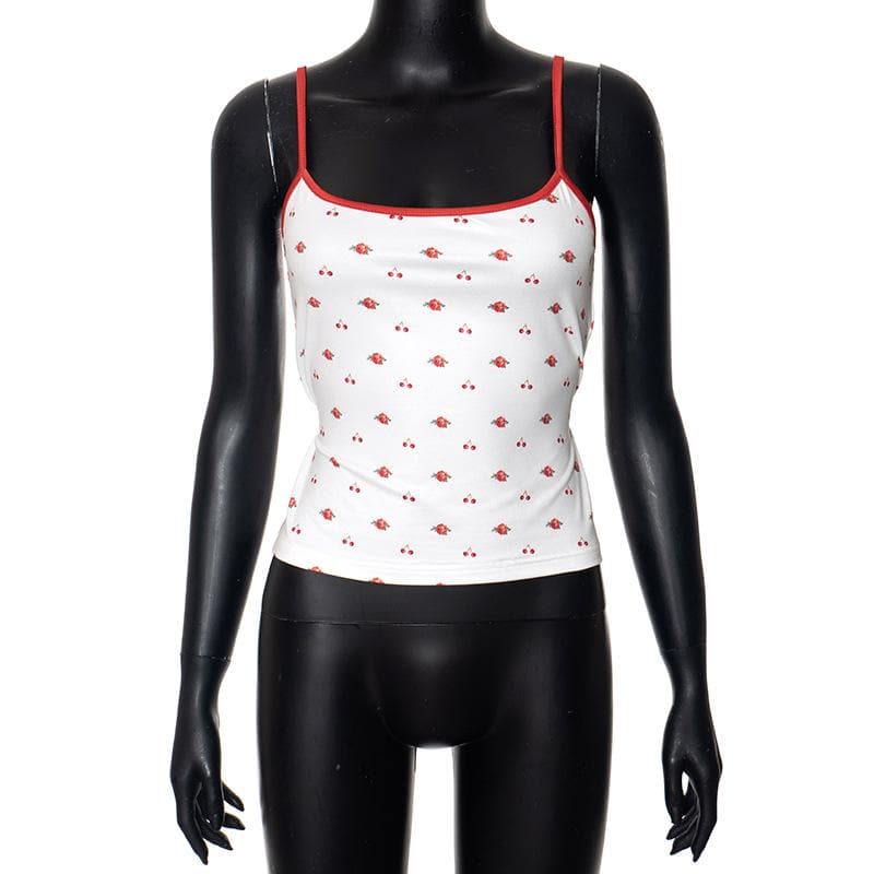 Self tie u neck cherry print contrast backless cami top