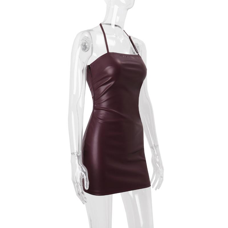 Halter PU leather mini dress