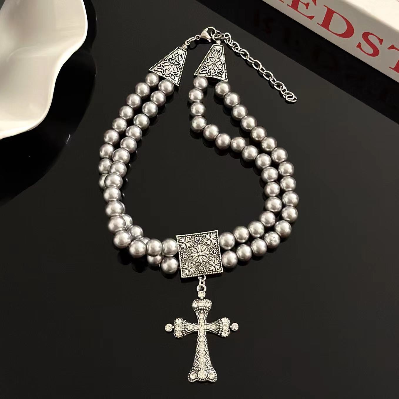 Layered faux pearl cross pendant choker necklace