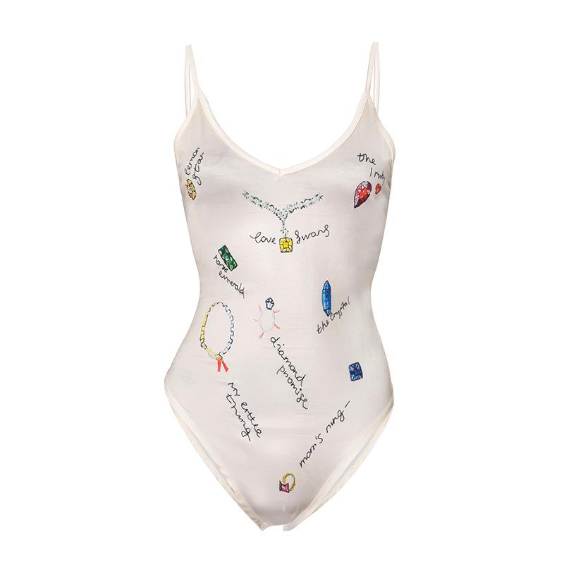 V neck backless print cami bodysuit