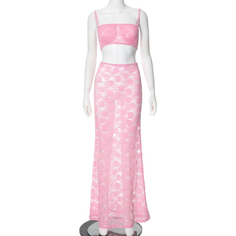 Sheer lace see through tube maxi skirt set