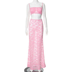 Sheer lace see through tube maxi skirt set