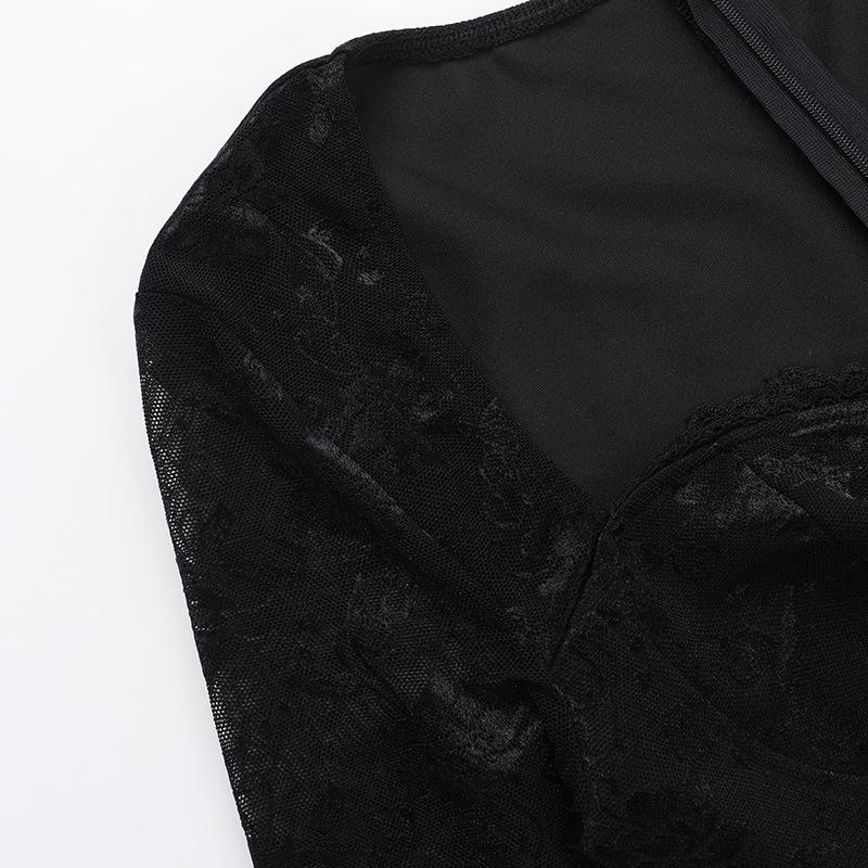 Long sleeve hollow out lace zip-up mini dress