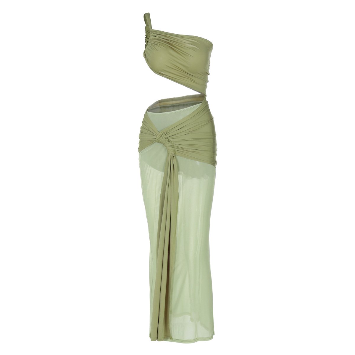 One shoulder ruched hollow out mesh maxi dress