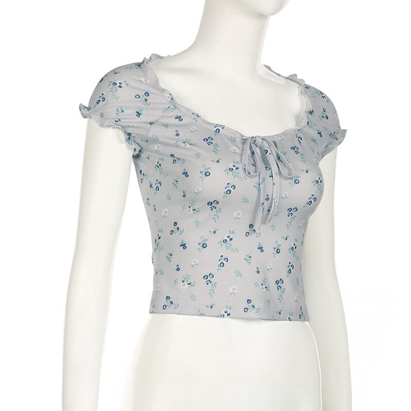 Short sleeve knotted ruffle ribbed print top