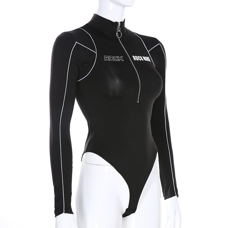 Zip-up "ROCK" pattern high neck long sleeve bodysuit