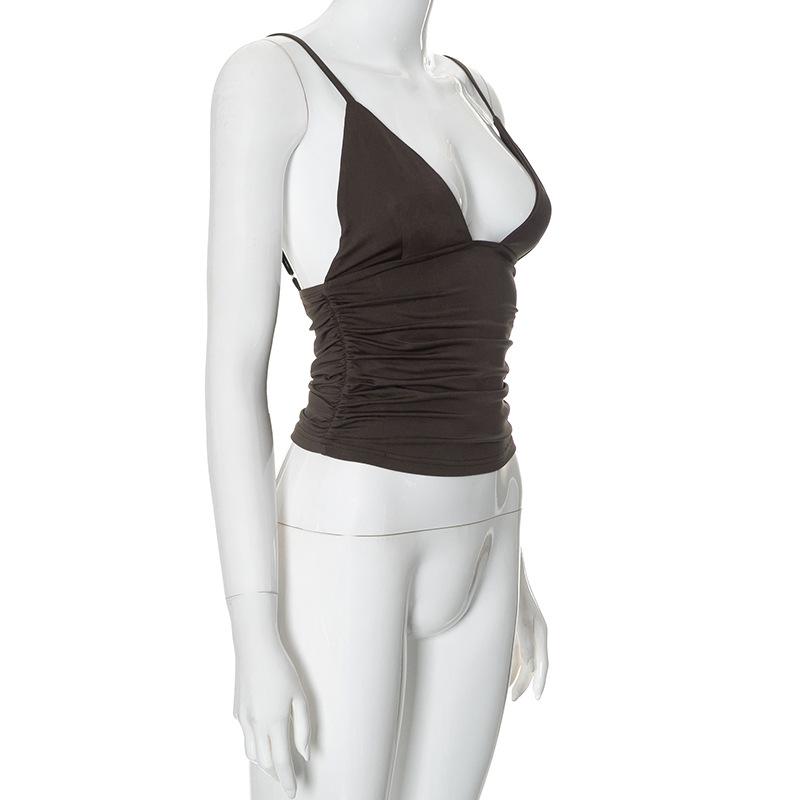 Ruched v neck solid backless cami top