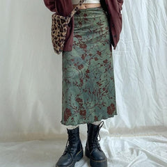 Flower pattern contrast ruffle tie dye midi skirt
