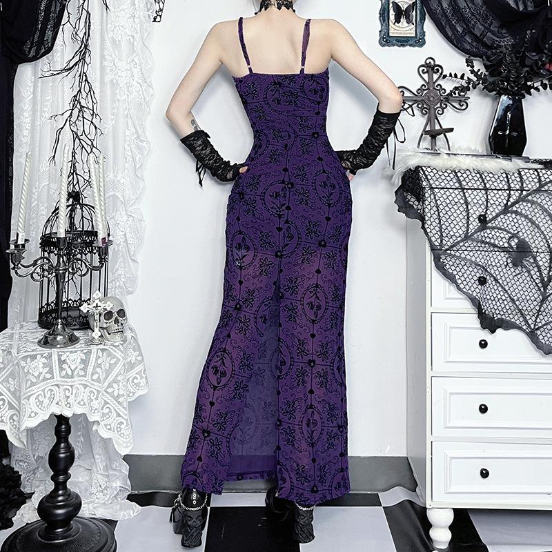 Mesh print slit cami maxi dress