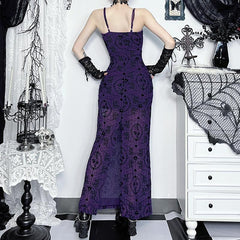 Mesh print slit cami maxi dress