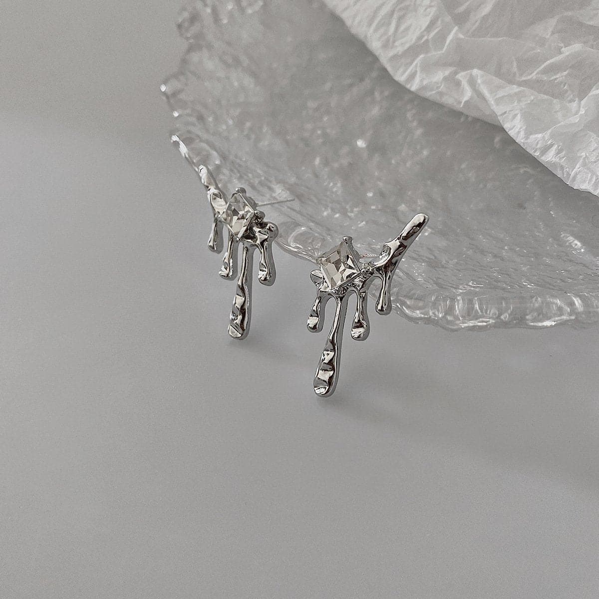 Irregular lava silver faux pearl rhinestone earrings