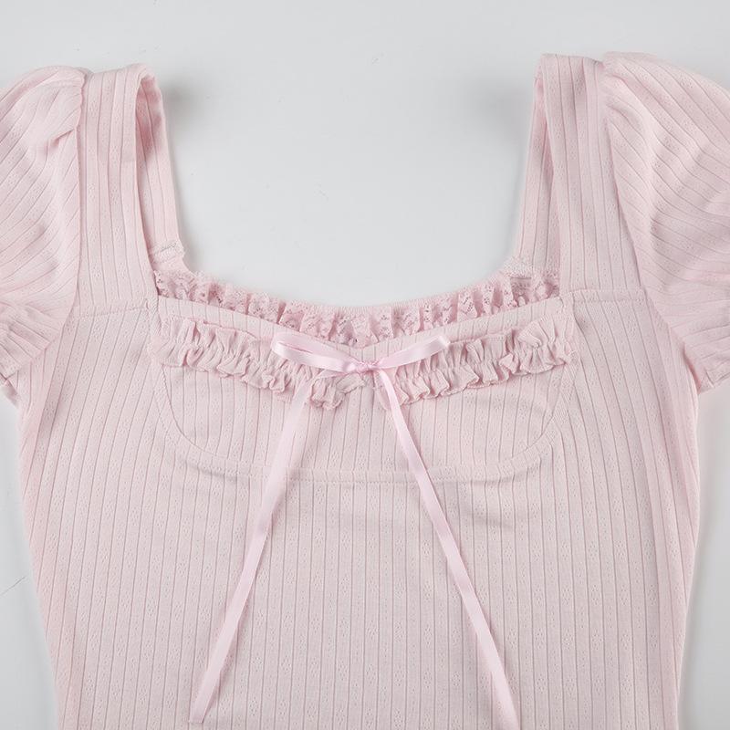 Short puff sleeve ribbed bowknot ruffle top