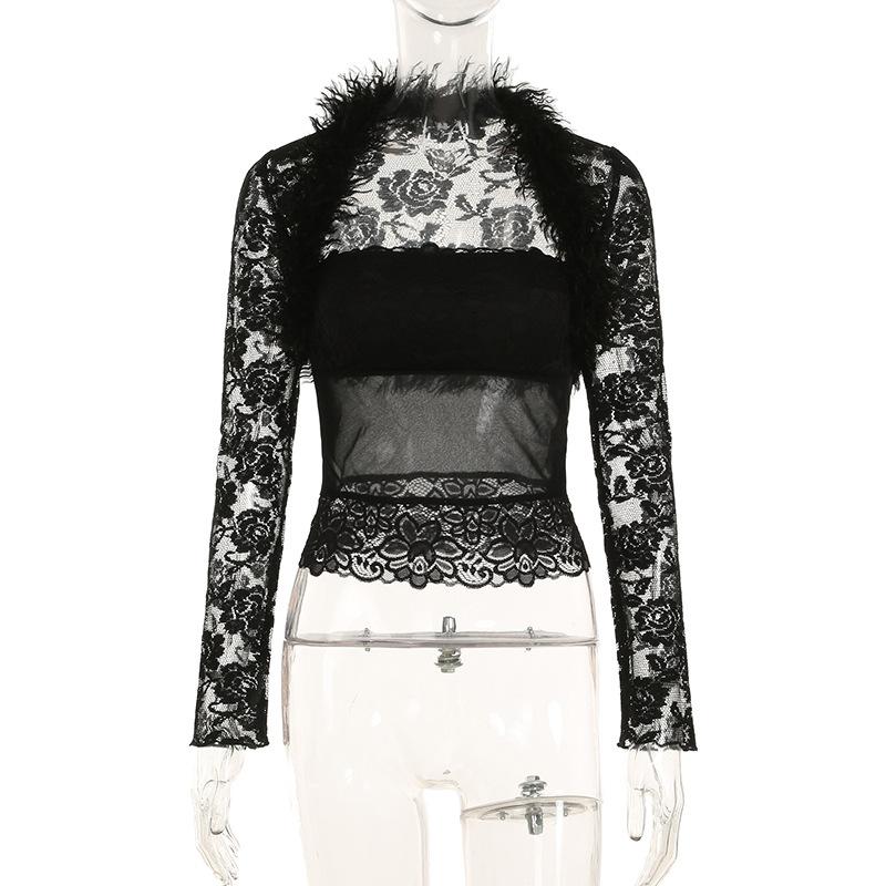 Long sleeve fluffy shrug lace tube 2 piece top