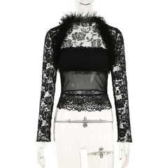 Long sleeve fluffy shrug lace tube 2 piece top