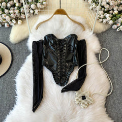 Off shoulder PU leather lace up smocked top