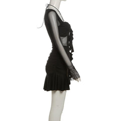Long sleeve halter mesh ruched ruffle mini dress