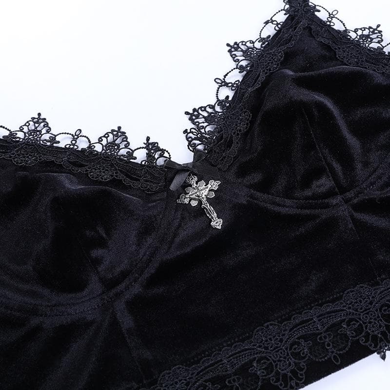 Velvet eyelash lace hem cross applique V neck crop top