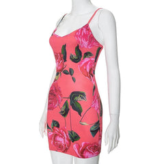 Rose print v neck backless cami mini dress  | red tango dress
