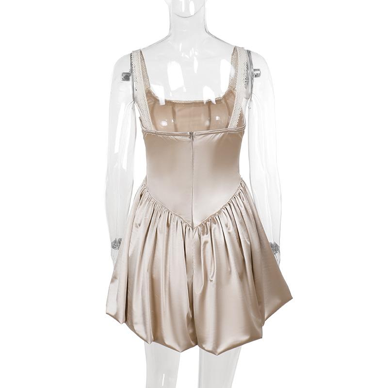 U neck lace hem ruched cami mini dress