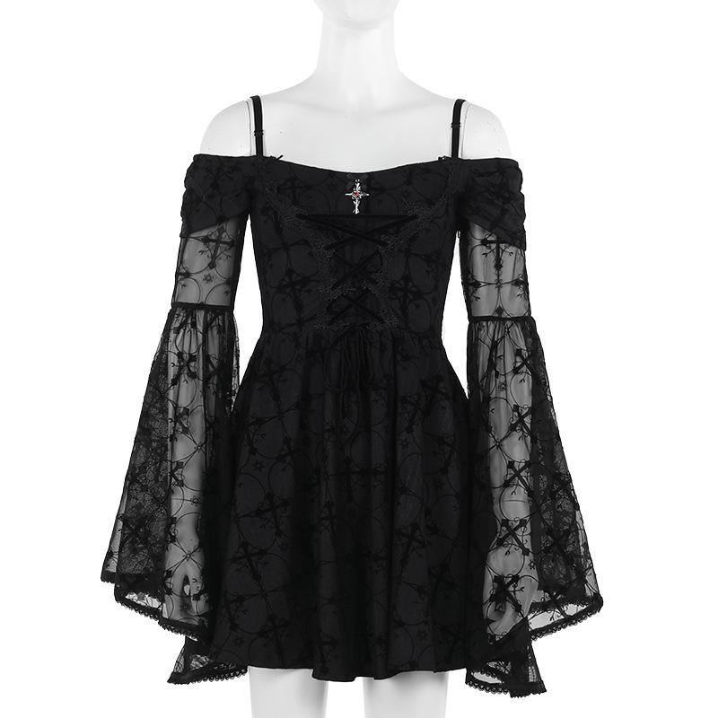 Long flared sleeve off shoulder cross applique mini dress  | black rave dress