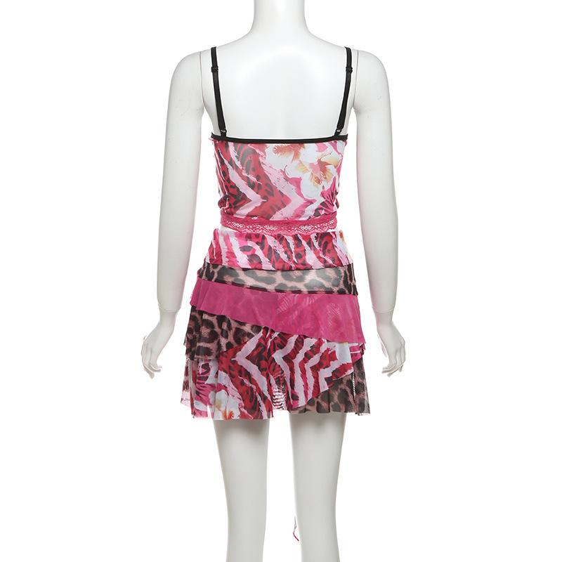 V neck lace hem mesh print ruched knotted cami skirt set