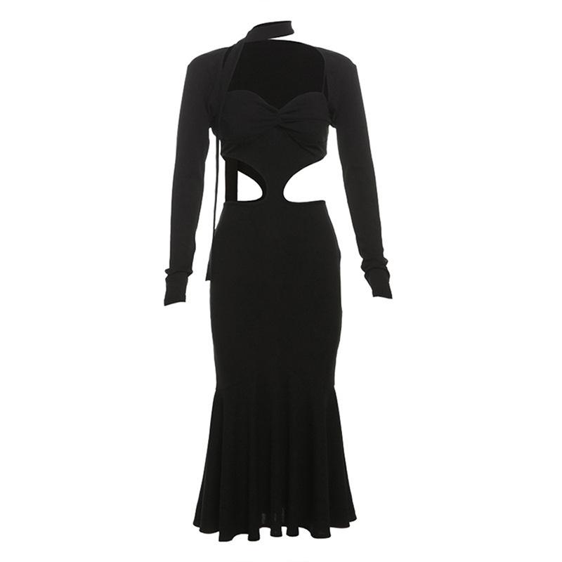 Long sleeve sweetheart neck shrug 2 piece hollow out maxi dress